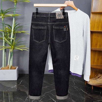 Male Denim Straight High Street Trousers Casual Men Fashion Elastic Waist Vintage Pant Spring Ripped Soft Stretch Slim Fit Jeans