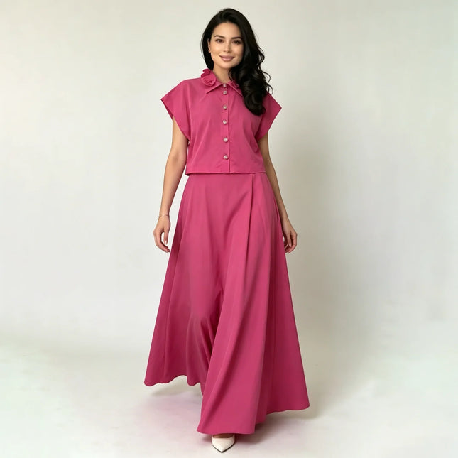 LIMO 2026 New Women's 2 Piece Set, Pink Button Up Shirt + High Waist Maxi Skirt, Elegant Casual Outfit