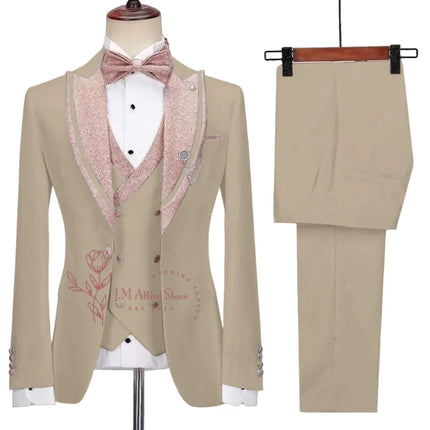 Stylish Men's Suit 3-piece Set Jacket Vest Pants White Slim Fit Pink Shinny Peak Lapel Blazer Wedding Prom Party Custom Tuxedo