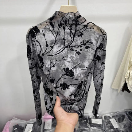 Women Autumn Spring Tops Layering Undershirts Long-Sleeve T-Shirts Printed Lace Mesh Versatile Fashionable Luxurious Designer
