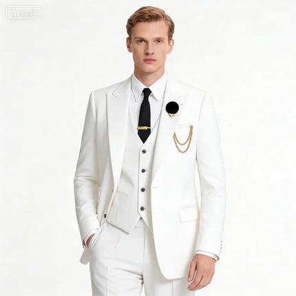 Men's 3-Piece Suit with Black Lapel US Size Formal Tuxedo for Groom Business And Wedding - Jacket Vest And Pants Ensemble