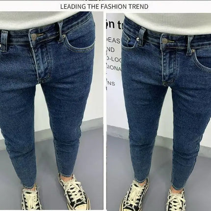 New Men's Slim Denim Jeans Casual Spring and Autumn Stretchy Skinny Pants Korean Style Trendy Cowboy Hip Hop Cropped Trousers