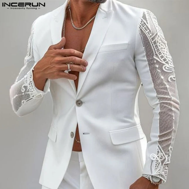 Fashion Casual Style Tops INCERUN New Mens Perspective Lace Splicing Design Suit Coats Male Solid Long Sleeved Blazer S-5XL 2025