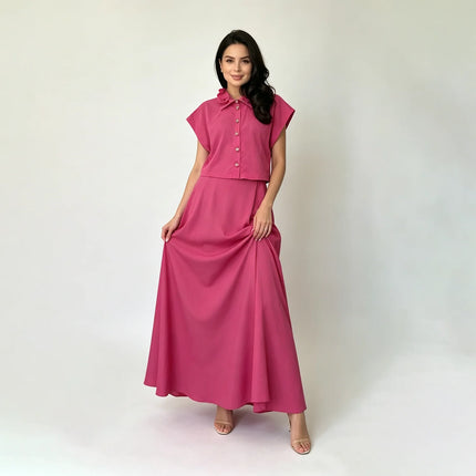 LIMO 2026 New Women's 2 Piece Set, Pink Button Up Shirt + High Waist Maxi Skirt, Elegant Casual Outfit