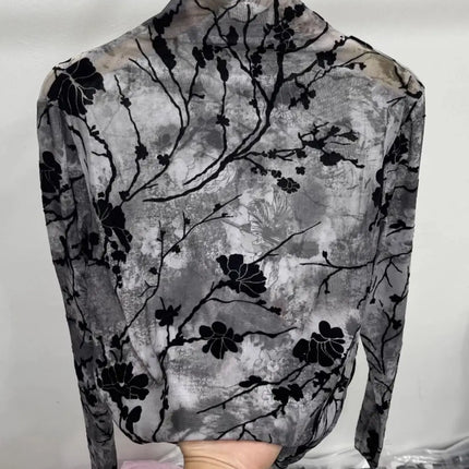 Women Autumn Spring Tops Layering Undershirts Long-Sleeve T-Shirts Printed Lace Mesh Versatile Fashionable Luxurious Designer