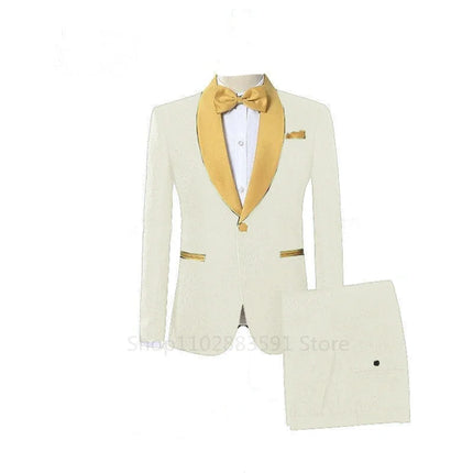 Custom Made Jacquard Groomsmen Red Groom Tuxedos White Shawl Lapel Men Wedding Suits Prom Party Best Man Blazer Pants Set