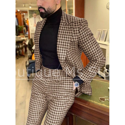 Men's Houndstooth Suit Slim Single Breasted Blazer and Pants Formal Party Prom Wedding Business Casual Male Suit 2 Piece