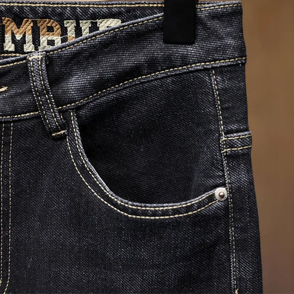 New Embroidery Fashion Straight Jeans Men Stretch Black Blue Slim Fit Pants Comfortable Business Denim Trousers
