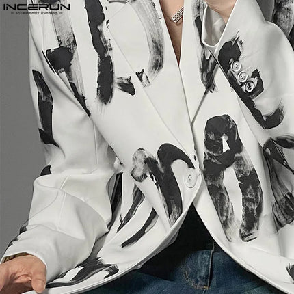 Fashion Casual Style Tops INCERUN Handsome Men's Art Hand-painted Letter Suit Coat Streetwear Male All-match Long Sleeved Blazer