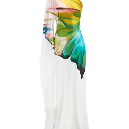 Gymystars Women's Printed Elegant Evening Dress One-shoulder Asymmetric High Waist Pleated Vintage Female Slim Long Dress