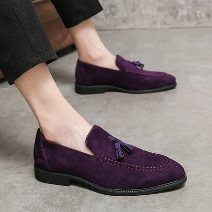 New British Designer Suede LeatherTassel Casual Shoes for Men Purple Blue Brown Moccasins Wedding Prom Homecoming Party Footwear