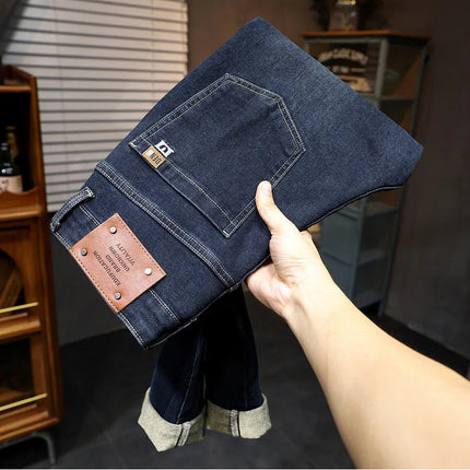 New Embroidery Fashion Straight Jeans Men Stretch Black Blue Slim Fit Pants Comfortable Business Denim Trousers