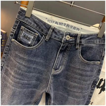 Summer Men's Slim Fit Jeans Thin Trendy Loose Straight Leg Elastic Nine Point Pants Versatile Casual Straight Cut Jeans