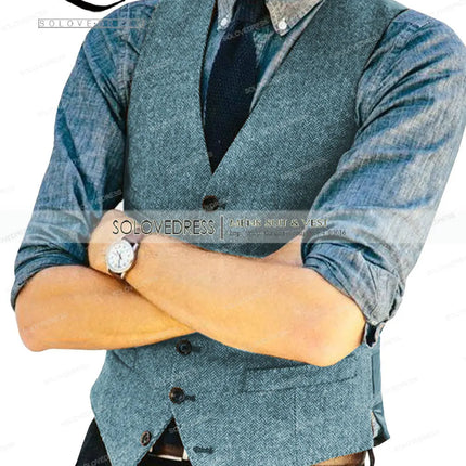Mens Vests Tweed Herringbone Slim Fit Fashion Men's Suits Vests For Jacket Groomsmen  Waistcoat For Wedding