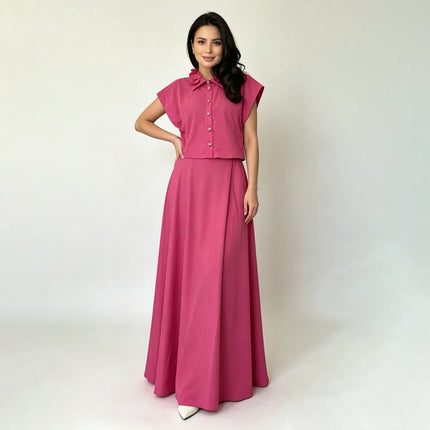 LIMO 2026 New Women's 2 Piece Set, Pink Button Up Shirt + High Waist Maxi Skirt, Elegant Casual Outfit