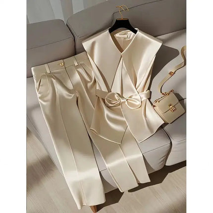 Fashion Satin Celebrity Outfits Elegant OL Peter Pan Collar Bow Sleeveless Vest + High Waist Wide Leg Pants Two Piece Set
