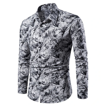 Mens Printed Lapel Long Sleeve Shirt Casual Blouse Fashionable Polyester Casual Wear