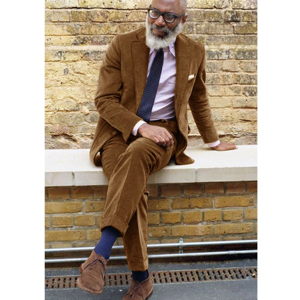 Men's Corduroy Casual Suit Fashion Single Breasted 2 Piece Set Jacket Blazer Pant Business Workwear Groom's Tailcoat Suit