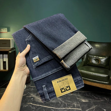 New Embroidery Fashion Straight Jeans Men Stretch Black Blue Slim Fit Pants Comfortable Business Denim Trousers