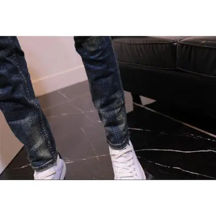 2025 Autumn and Winter Retro Jeans Men's Trendy Brand Slim-fitting Small Feet Elastic Youth Fashion Handsome Blue Long Pants