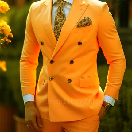 Solid 2 Pieces Men Suits Set Fashion New Men's Formal Business/Wedding Groom Suits Peak Lapel Double Breasted Blazer Trousers