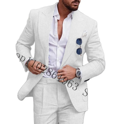 2023 White Linen Suits For Men Slim Fit Peak Lapel 2 Pieces Best Men Groom Wear Wedding Tuxedos Blazer+Pants Trajes De Hombre