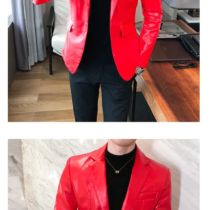 Men Casual Black White Suit Leather Jacket /Men Solid Color Business Suit Collar PU Blazers Dress Coat Fashion /New Men Clothing