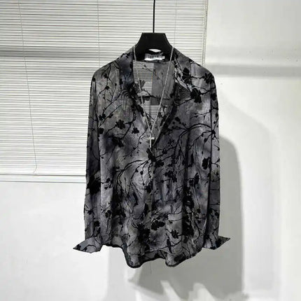 Spring Thin Original Design Trendy Men's Hollow out Iron Free Loose Handsome Shirt Vintage Printed Casual Shirt