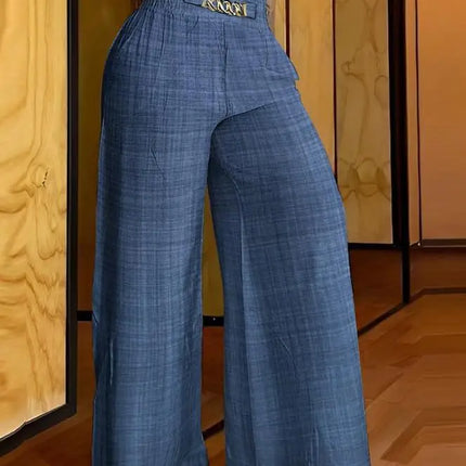 Women's High Waist Wide Leg Pants, Elegant Chain Decor, Black Trousers, Casual Clothes, White, Summer