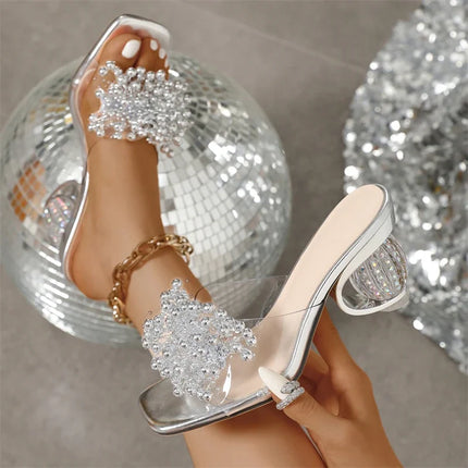 Eilyken Fashion Pearl Flower Women Slippers Design Style Square Toe Crystal Round Heels Shoes Summer Slides Zapatos De Mujer