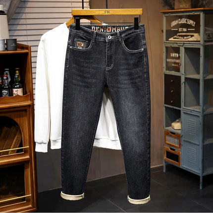 New Embroidery Fashion Straight Jeans Men Stretch Black Blue Slim Fit Pants Comfortable Business Denim Trousers