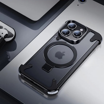 Aluminum Alloy Magnetic Stand Rimless Phone Case For iPhone 13 14 15 16 Pro Max Plus Metal Lens Shell  Frosted Matte Back Cover