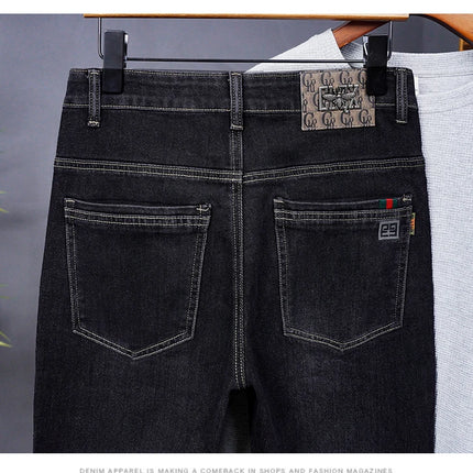 Male Denim Straight High Street Trousers Casual Men Fashion Elastic Waist Vintage Pant Spring Ripped Soft Stretch Slim Fit Jeans