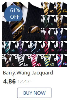 Barry.Wang Solid Silk Mens Tie Hankerchief Cufflinks Brooch Set Jacquard Plain Necktie Corsage For Male Wedding Party Events