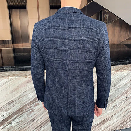 Checkered Suit (Blazer+Vest+Pants) Men's Fashion Hosting Work Business Wedding Casual Linen Art Style Elegant Gentleman's Suit