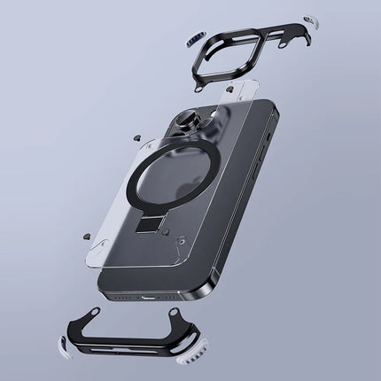 Aluminum Alloy Magnetic Stand Rimless Phone Case For iPhone 13 14 15 16 Pro Max Plus Metal Lens Shell  Frosted Matte Back Cover