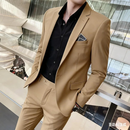 Men's Two-Piece Suit Monochromatic Tern Casual Elegant High-Quality New Banquet Ready Fashionable Ensemble