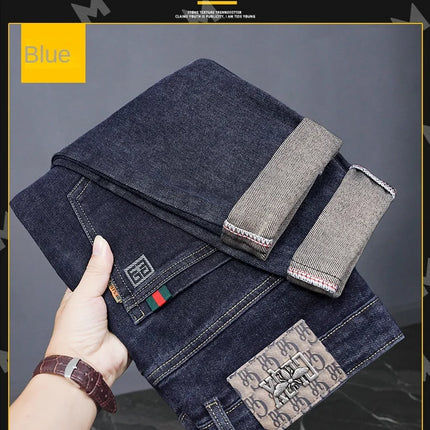 Male Denim Straight High Street Trousers Casual Men Fashion Elastic Waist Vintage Pant Spring Ripped Soft Stretch Slim Fit Jeans
