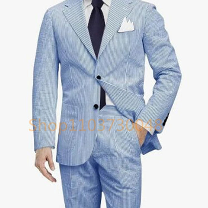 Casual Men's Seersucker Suit Streetwear Elegant Fashion Popular Men Clothes Uniform Blue Striped Well Fitting Formal Blazer Pant