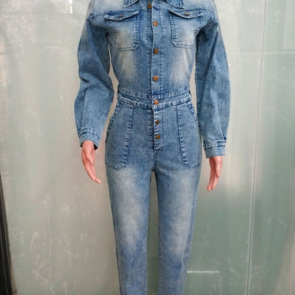 Denim Stretch Overalls Sexy Women Turn Down Collar Elegant Blue Jeans Casual Jumpsuit Romper