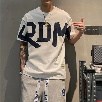 2025 Summer Casual All-match Trend Korean Fashion Short Sleeve Round Neck Solid Color Letter Printed Loose Fashion Youth T-shirt