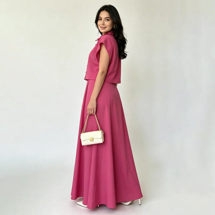 LIMO 2026 New Women's 2 Piece Set, Pink Button Up Shirt + High Waist Maxi Skirt, Elegant Casual Outfit