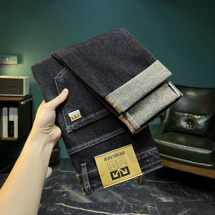 New Embroidery Fashion Straight Jeans Men Stretch Black Blue Slim Fit Pants Comfortable Business Denim Trousers