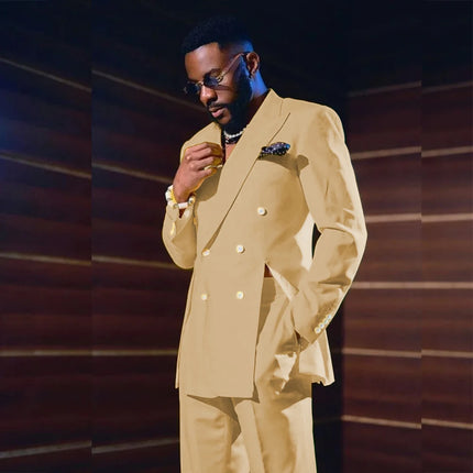 Fashion Yellow Men's Suits Special Style Double Breasted Peaked Lapel Luxury Blazer 2 Piece Jacket Pants Chic Blazer Customized