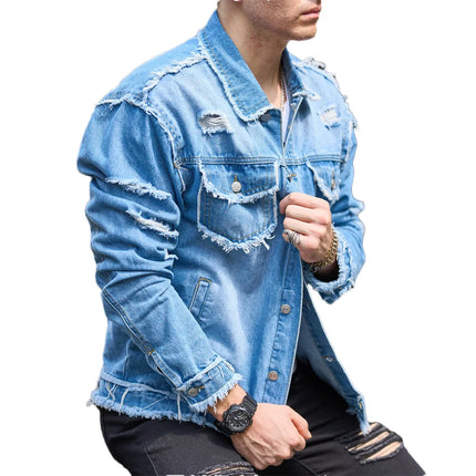 Street Stylish Holes Design Slim Men Denim Jacket Coat High Quality Male Distressed Casual Denim Jacket