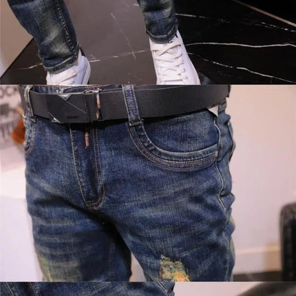 2025 Autumn and Winter Retro Jeans Men's Trendy Brand Slim-fitting Small Feet Elastic Youth Fashion Handsome Blue Long Pants