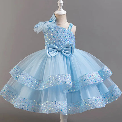Girl's New Sequined Bow Irregular Collar Mesh Princess Dress Christmas Birthday Party Sweet and Cute Evening Dress