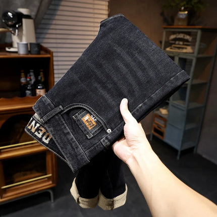 New Embroidery Fashion Straight Jeans Men Stretch Black Blue Slim Fit Pants Comfortable Business Denim Trousers