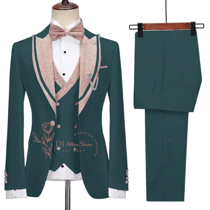 Stylish Men's Suit 3-piece Set Jacket Vest Pants White Slim Fit Pink Shinny Peak Lapel Blazer Wedding Prom Party Custom Tuxedo