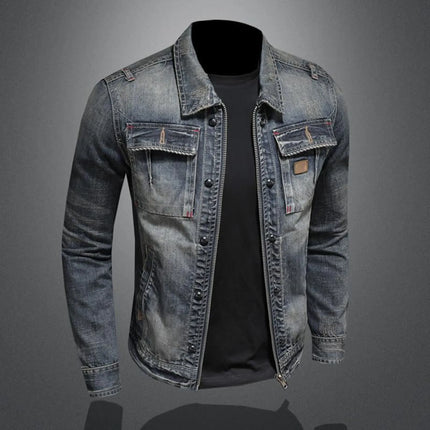 Vintage Denim Jacket With Zip Stand Up Cotton Slim Fit Denim Coat Jeans Jacket ClassicFor Men